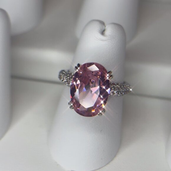 Pink Solitaire Gemstone Ring w/ Clear Accents Silver Plated Engagement size 7 - Picture 10 of 11